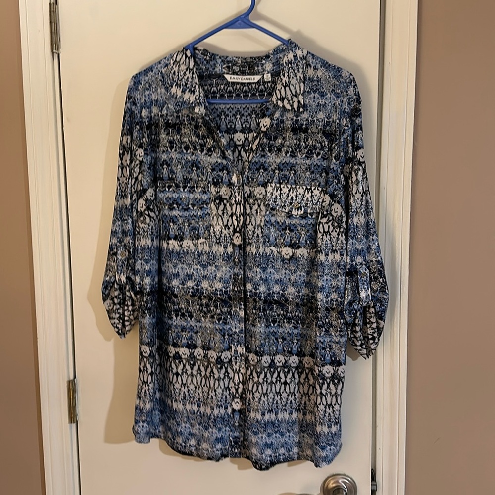 Blue black white button up women’s shirt